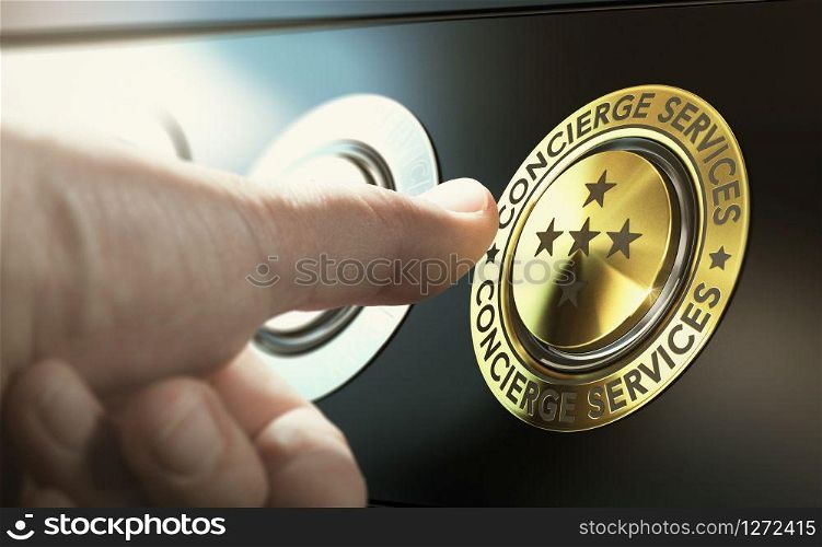 Man contacting concierge service by pushing a golden button. Composite image between a hand photography and a 3D background.. Lifestyle Management and Concierge Services