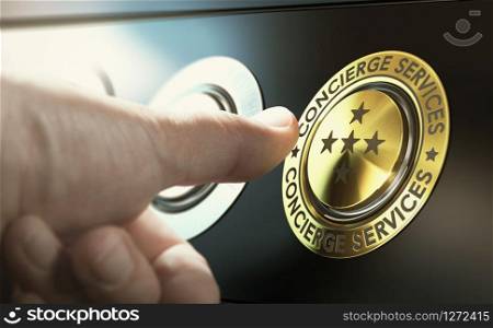 Man contacting concierge service by pushing a golden button. Composite image between a hand photography and a 3D background.. Lifestyle Management and Concierge Services