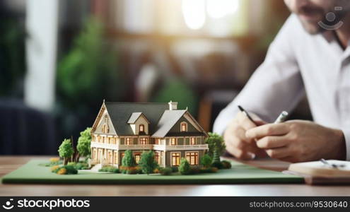 Man Contemplating Mortgage with House Model at Bank. Generative ai. High quality illustration. Man Contemplating Mortgage with House Model at Bank. Generative ai