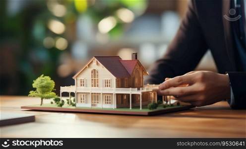 Man Contemplating Mortgage with House Model at Bank. Generative ai. High quality illustration. Man Contemplating Mortgage with House Model at Bank. Generative ai