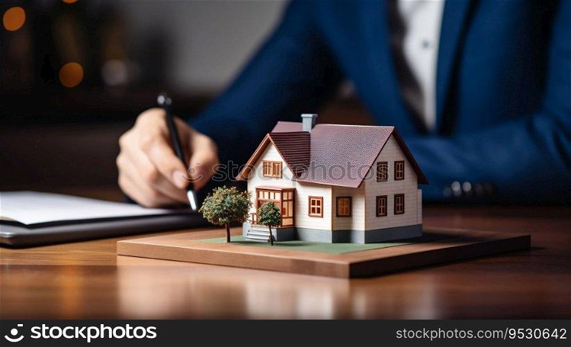 Man Contemplating Mortgage with House Model at Bank. Generative ai. High quality illustration. Man Contemplating Mortgage with House Model at Bank. Generative ai