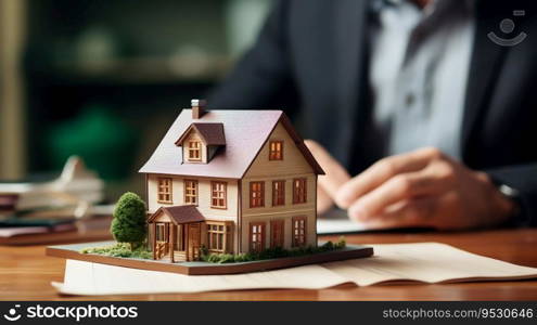 Man Contemplating Mortgage with House Model at Bank. Generative ai. High quality illustration. Man Contemplating Mortgage with House Model at Bank. Generative ai