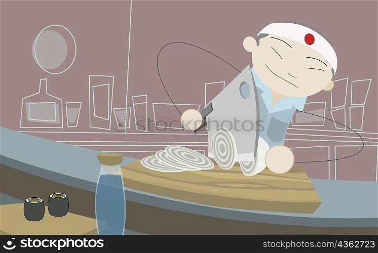 Man cutting ham into slices