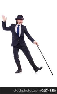 Man dancing with walking stick on white