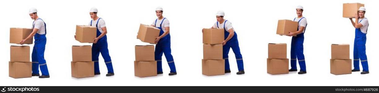 Man delivering box isolated on white