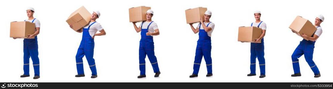 Man delivering box isolated on white. aMan delivering box isolated on white