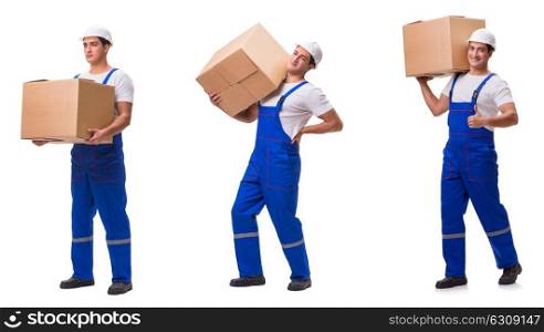 Man delivering box isolated on white. aMan delivering box isolated on white