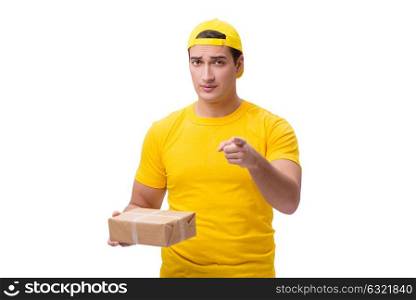 Man delivering christmas present isolated on white