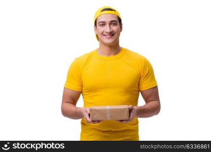 Man delivering christmas present isolated on white