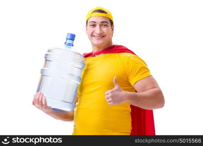 Man delivering water bottle isolated on white