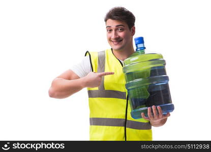 Man delivering water bottle isolated on white