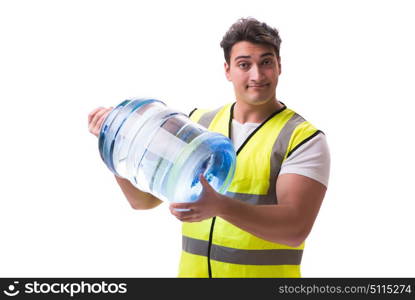 Man delivering water bottle isolated on white