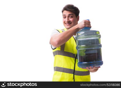 Man delivering water bottle isolated on white