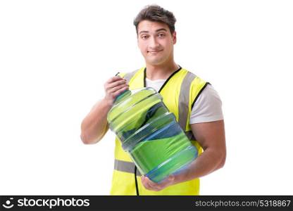 Man delivering water bottle isolated on white