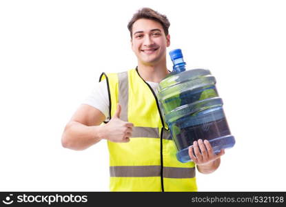 Man delivering water bottle isolated on white