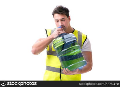 Man delivering water bottle isolated on white