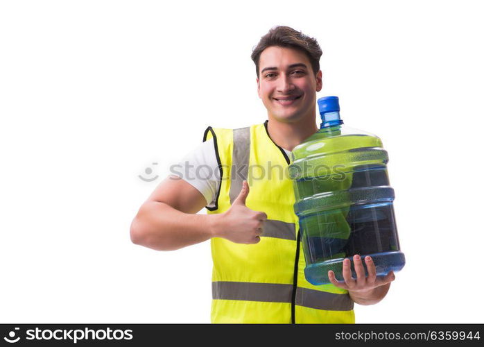 Man delivering water bottle isolated on white