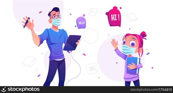 Man designer with graphic tablet and cute little girl with book. People in medical face masks. Vector cartoon illustration with digital artist or illustrator and pretty girl waving by hand. Man designer with tablet and cute little girl