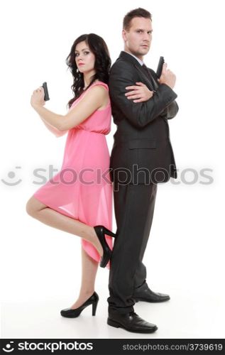 man detective secret agent criminal and sexy spy woman with gun. Isolated on white background