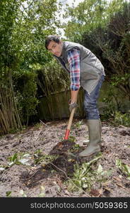 Man digging soil with spade