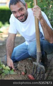 Man digging up vegetables in his garden
