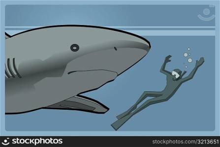 Man diving with sharks