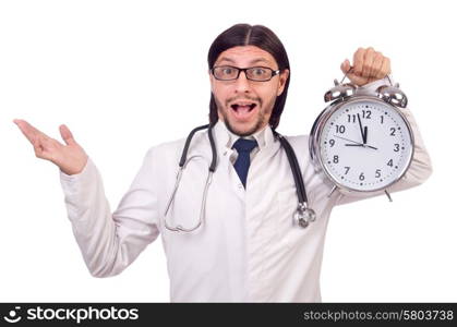 Man doctor with clock isolated on white