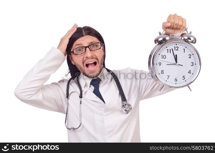Man doctor with clock isolated on white