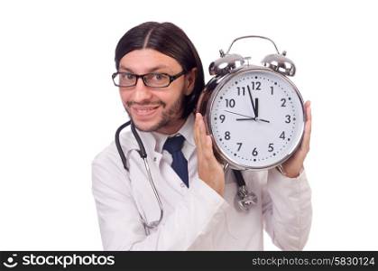 Man doctor with clock isolated on white