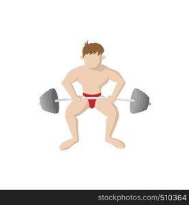 Man doing heavy duty squats with barbell icon in cartoon style on a white background . Man doing heavy duty squats with barbell icon