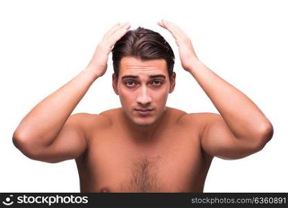 Man doing his hair isolated on white