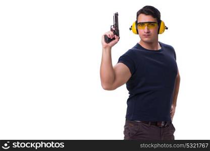 Man doing sport shooting from gun isolated on white
