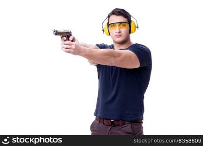Man doing sport shooting from gun isolated on white. The man doing sport shooting from gun isolated on white