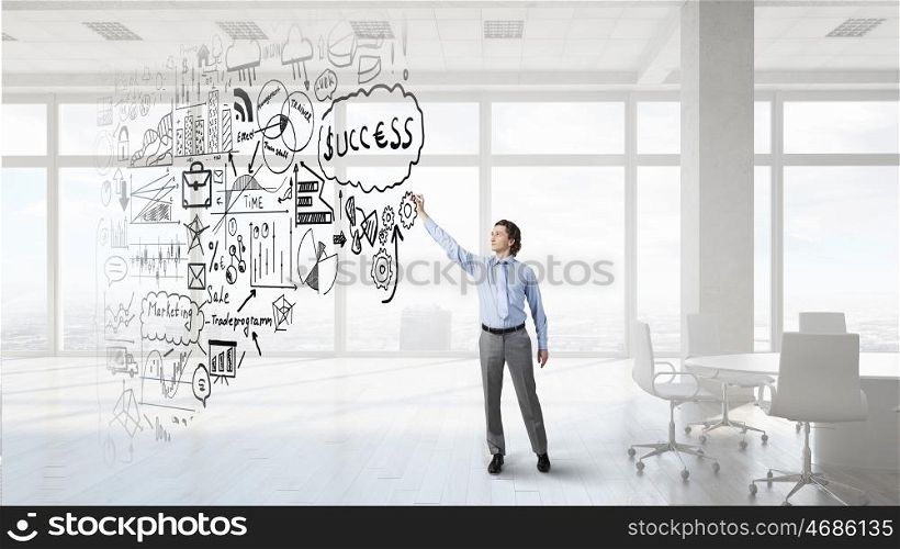 Man drawing his plan mixed media. Man draws business scheme concept in white room 3D Render