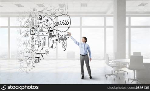 Man drawing his plan mixed media. Man draws business scheme concept in white room 3D Render