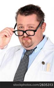 Man dressed as a doctor with silly glasses
