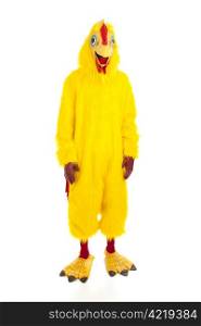 Man dressed in a chicken suit - full body isolated on white. Perfect for mascot.