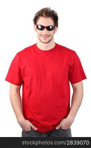 Man dressed in a red t-shirt and wearing sunglasses