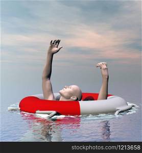 Man drowning in the ocean despite having y buoy to help by cloudy day. Man drowning - 3D render