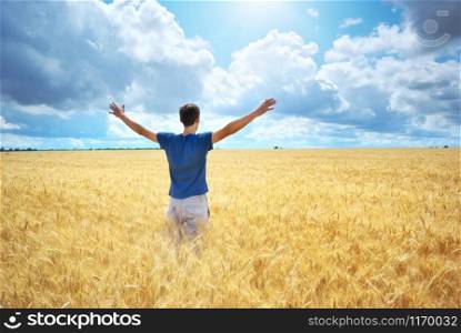 Man enjoy in yellow wheat meadow. Conceptual design.