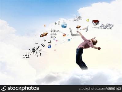 Man evading from items. Young man in casual evading from flying icons