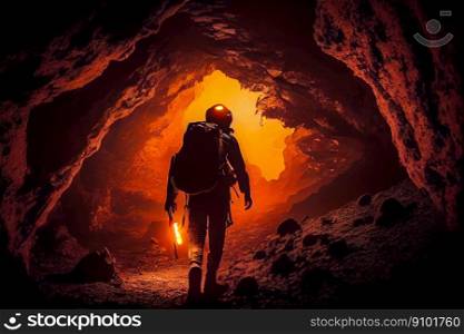 Man exploring the cave deep under earth. Generative AI.. Man exploring the cave deep under earth. Generative AI