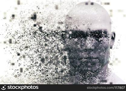 Man face with pixel dispersion effect. Concept of technology, modern science but also disintegration of mind etc. 3D rendering. Man face with pixel dispersion effect. Concept of technology, modern science but also disintegration