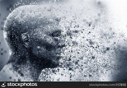 Man face with pixel dispersion effect. Concept of technology, modern science but also disintegration of mind etc. 3D rendering. Man face with pixel dispersion effect. Concept of technology, modern science but also disintegration