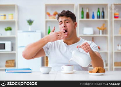 Man falling asleep during his breakfast after overtime work