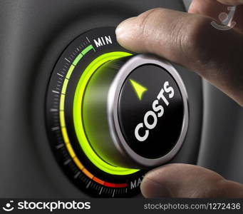 Man fingers setting cost button on minimum position. Concept image for illustration of cost management.. Cost Management