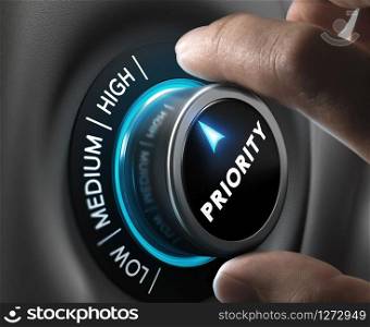 Man fingers setting priority button on highest position. Concept image for illustration of priorities management.. High Priority