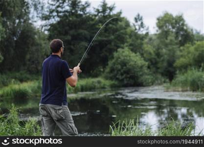 man fishing lake. High resolution photo. man fishing lake