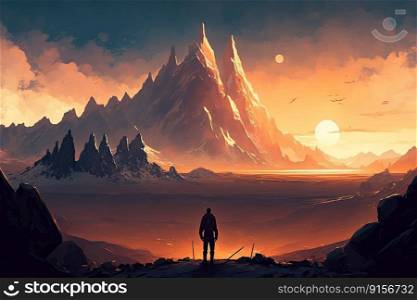 man, flanked by two towering peaks and the sun on the horizon, with view of distant mountain range, created with generative ai
