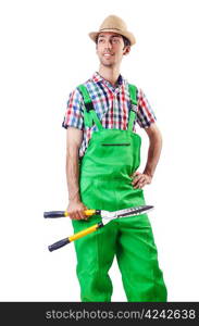 Man gardener with shears on white